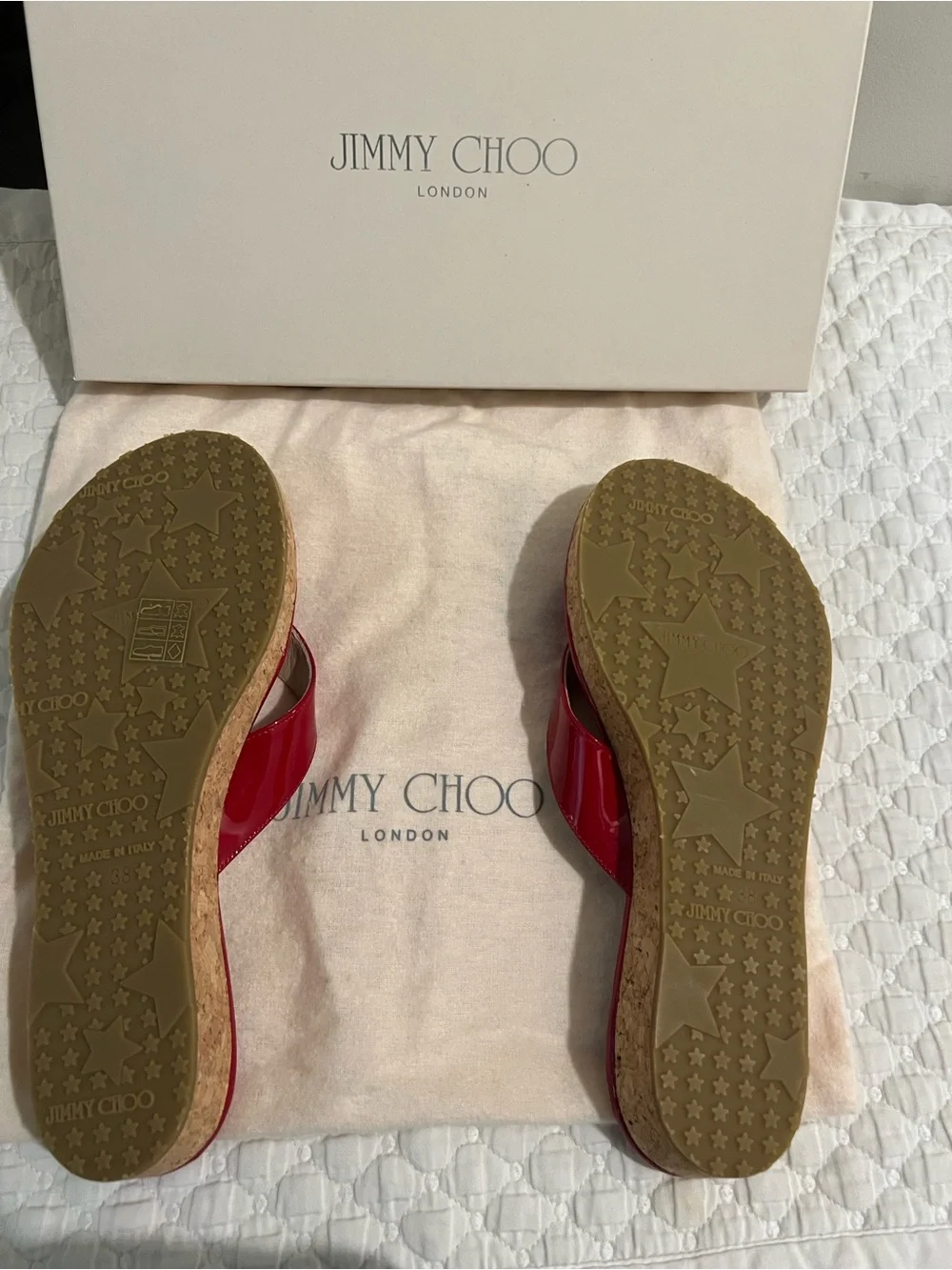 Jimmy Choo Red Patent Cork Wedge Sandals with Gold Accent